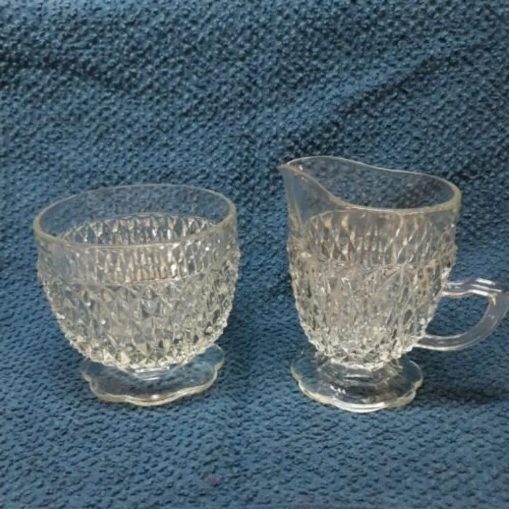 Indiana Glass Diamond Point Crystal Pressed Glass Sugar & Creamer Set Scallop